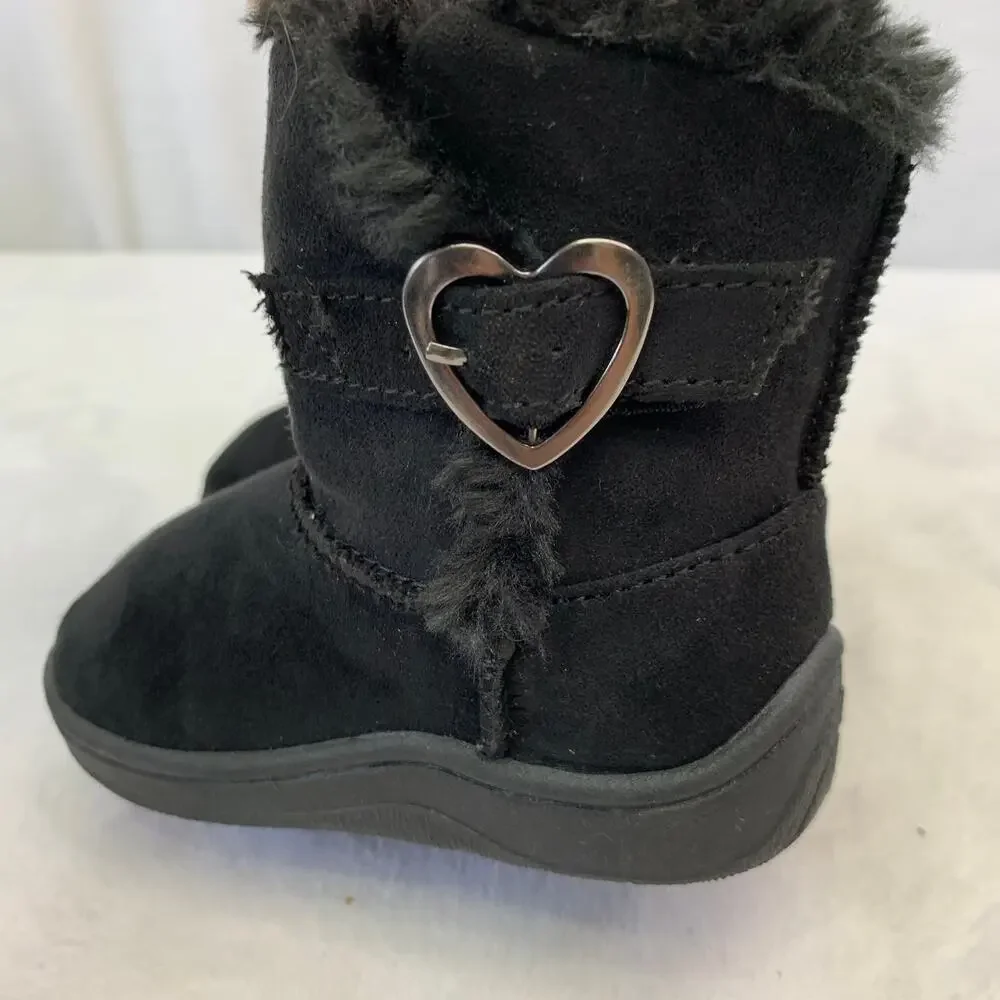 Garanimals Girls Black Faux Suede Fur Lined Mid Calf Boots Toddler Sz 4 Heart